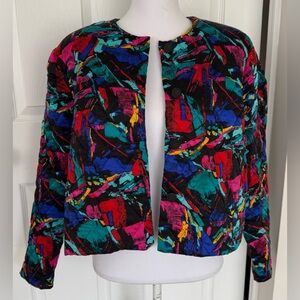 Vintage Colorful Silk Abstract Quilted Jacket - Size 14